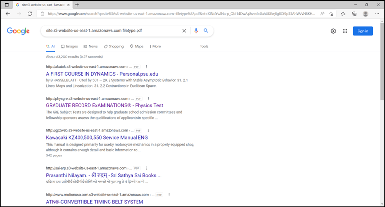 Google Search Results for S3 Bucket Files
